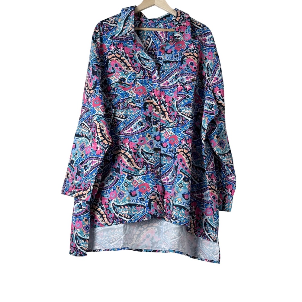 Liz & Me Button Up Women 3X Blue Paisley Tunic Hi-Low Roll-Tab Sleeve Polyester
